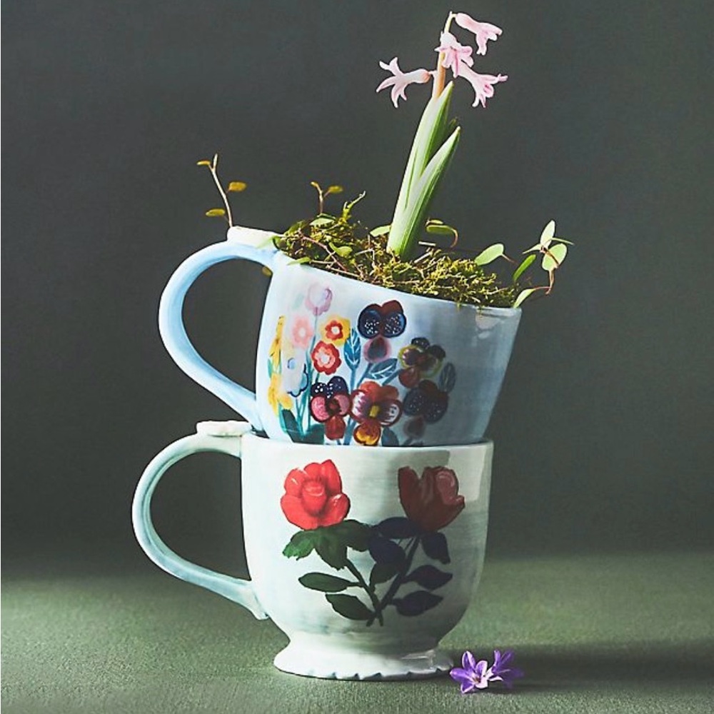Anthropologie Francesca Kaye handpainted glazed stoneware mugs and saucers